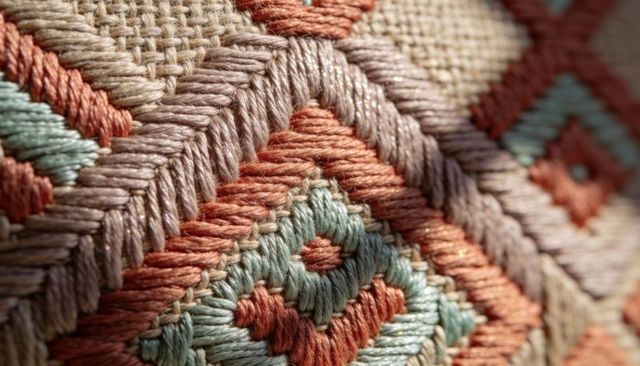 Hand-stitched geometric embroidery featuring terracotta, mint, taupe and metallic gold shimmer close