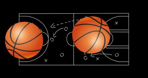 Basketballs over game plan illustrating strategy and tactics