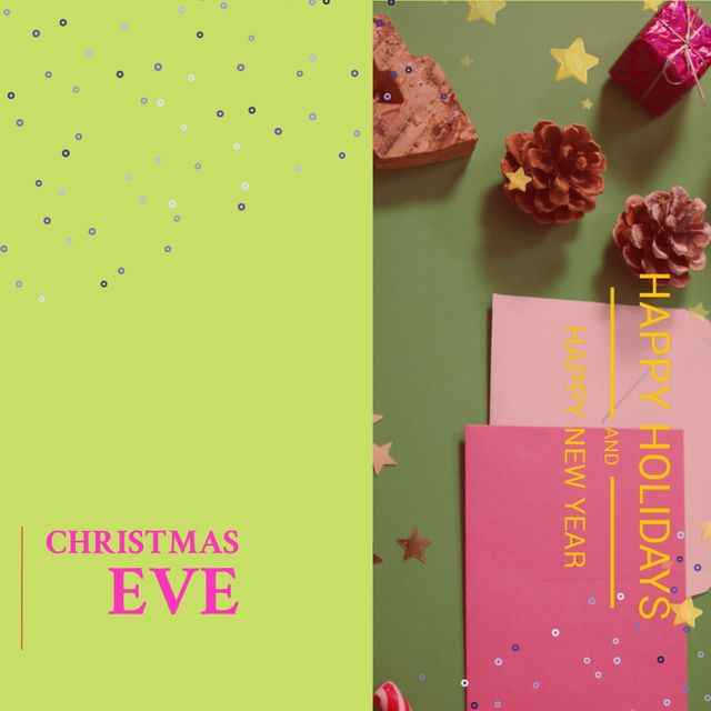 Image featuring a vibrant Christmas Eve greeting with holiday decorations including pine cones, gifts, stars, and confetti. This festive scene is perfect for celebrating or promoting holiday events, greeting cards, invitations, and personal messages of joy and warmth during the holiday season.
