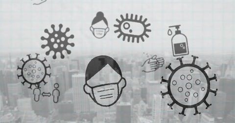 Covid-19 Pandemic Symbols over Cityscape