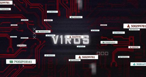 Glitchy virus hud with floating id tags and red circuit traces for cybersecurity alerts