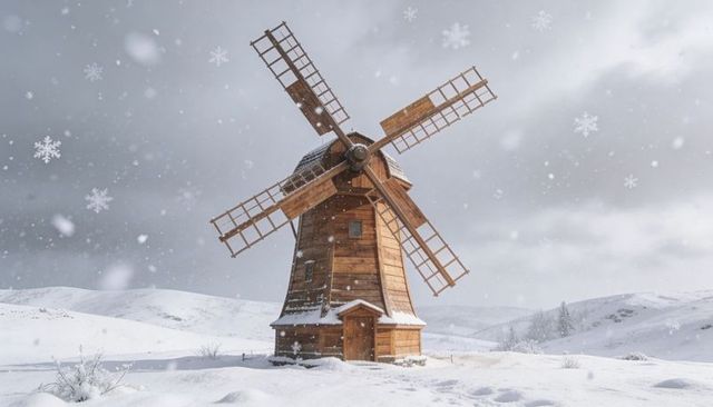 Standing wooden windmill shedding snow on snowy plain under overcast winter sky