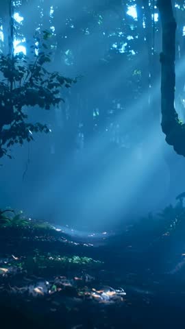 Vertical video: drifting fog and piercing sunlight over winding forest path