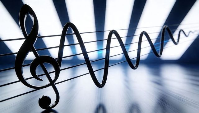 Black treble clef riding wavy staff lines with metallic waveform, backlit beams, reflective floor