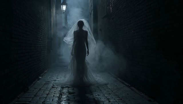 Haunting Veiled Bride Silhouette Walking Down Foggy Cobblestone Alley Under Warm Lamplight