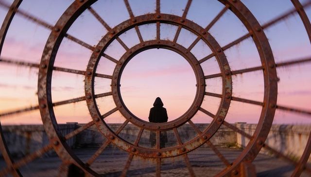 Solitary hooded figure framing sunset through rusted industrial wheel at ocean pier dusk