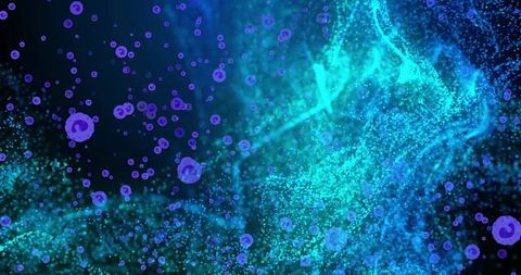 Neon turquoise flow with purple particle rings, abstract digital energy background motion