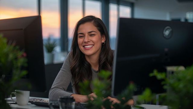 Smiling young professional typing at dual monitors in modern office with plants at dusk
