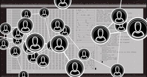 Central avatar network visualizing nodes linked over terminal hex dump for cybersecurity