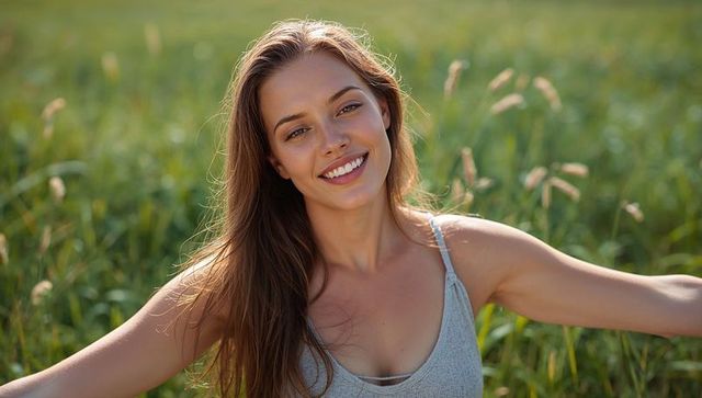 Sunlit meadow portrait of smiling young woman in grey tank top with arms outstretched