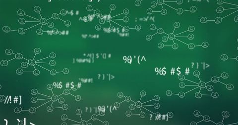 Abstract digital network with floating mathematical symbols on green