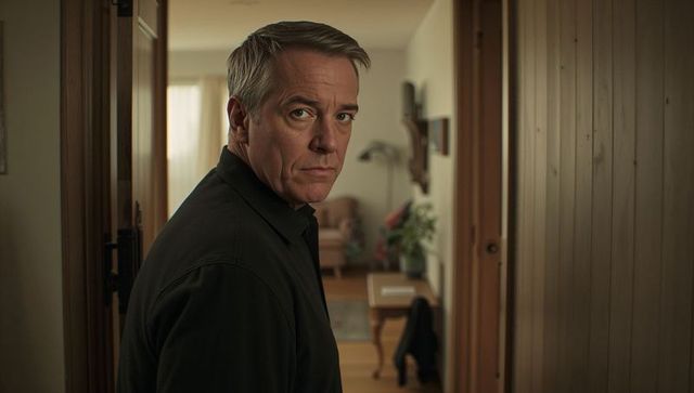 Middle-aged man looking back in narrow home hallway, serious gaze, cinematic mood