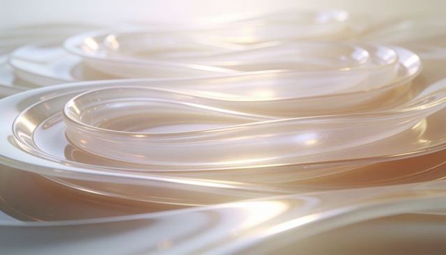 Translucent pearlescent ribbons forming spiral waves with glossy iridescent reflections