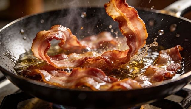 Sizzling Bacon Strips Curling and Splashing in Hot Skillet Oil for Crispy Breakfast