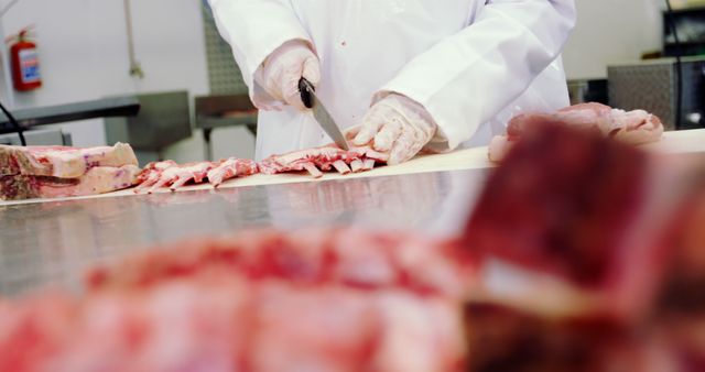 Butcher Cutting Fresh Meat in Industrial Kitchen - Download Free Stock Images Pikwizard.com