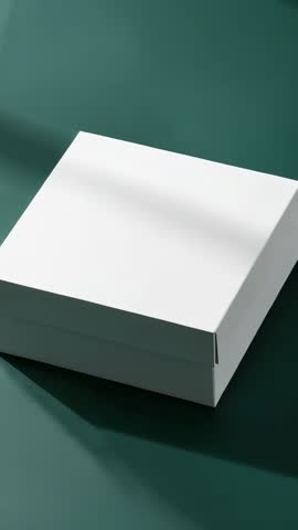 Vertical studio video rotating around minimalist white square box with lid on green backdrop