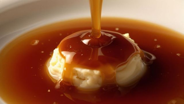 Luxurious caramel sauce drizzling over gourmet dessert