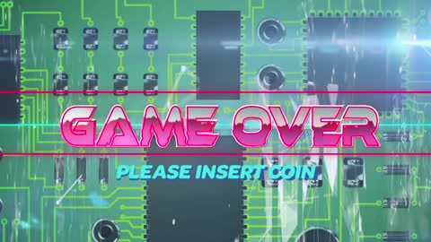 Retro Arcade Game Over Screen Display on Futuristic Circuit