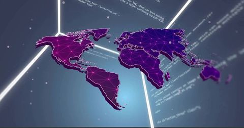 Neon polygon world map visualizing global network nodes and virtual data flow