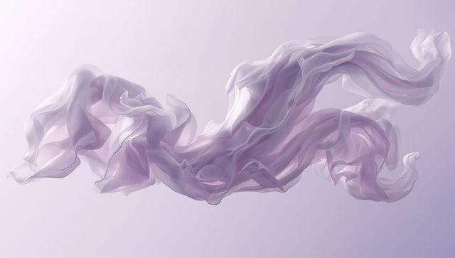 Floating lavender chiffon ribbon with flowing layers on soft pastel gradient backdrop