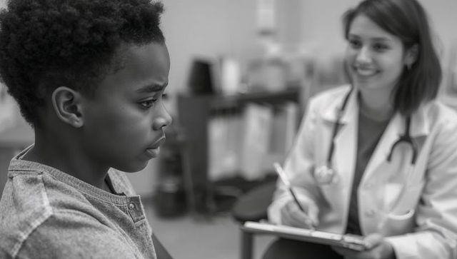 Child receiving pediatric consultation with clinician taking notes and stethoscope visible