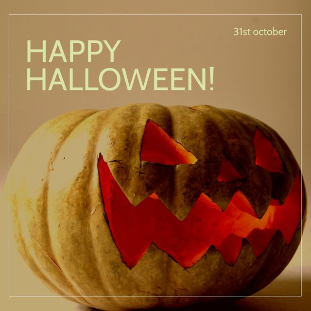 Composition of happy halloween text over pumpkin on beige background. Halloween tradition and celebration concept digitally generated image.