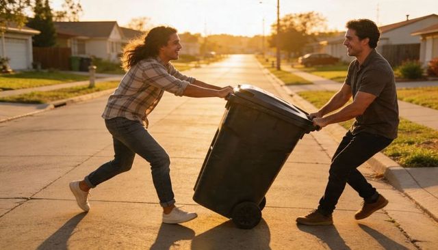Two friends pushing wheeled trash bin playful sunset neighborhood chore and bonding