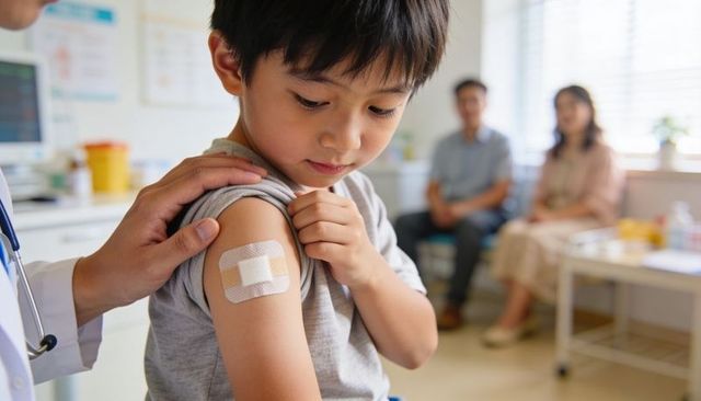 Young asian boy receiving vaccination in clinic with caring clinician and parents watching