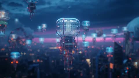 Futuristic AI Pods Hover Over Twilight Cityscape