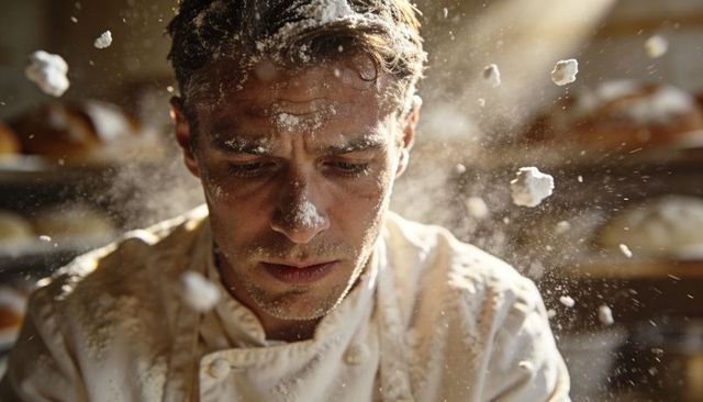 Baker dusting flour mid-action, intense concentration, flour particles floating