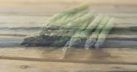Green asparagus spear double exposure blending coastal waves, golden hour light, weathered wood