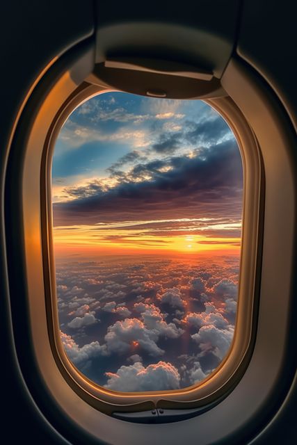 This stunning aerial shot captures a mesmerizing sunset viewed through the window of an airplane. The sky is painted with vibrant hues of orange and purple, creating an awe-inspiring vista over a sea of fluffy clouds. Ideal for travel blogs, vacation brochures, aviation promotions, motivational posters, and any project seeking to evoke a sense of adventure and wonder.