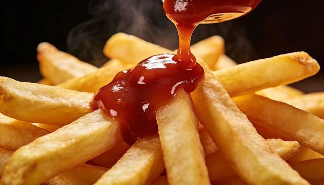 Drizzling glossy ketchup over golden crispy french fries macro with steam and studio light