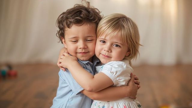 Toddler siblings embracing on wooden floor, cozy indoor hug and gentle bonding
