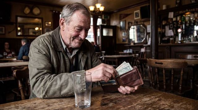 Senior man smiling, counting cash at rustic pub table with wallet and empty pint glass