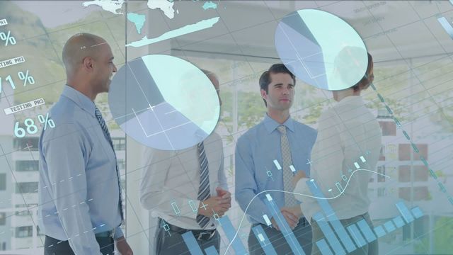 Business professionals are shaking hands while analyzing data in a modern office. The overlay of charts, graphs, and global map represents modern technology and digital interface in global business. Ideal for themes of business communication, teamwork, data analysis, and professional networking in corporate environments.