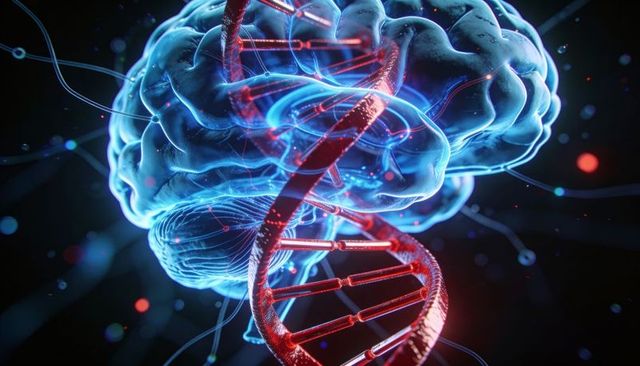 Neural-dna fusion: glowing blue cortex wrapped by metallic red dna double helix