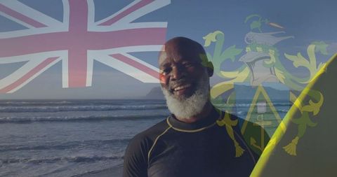 Surfer Enjoying Sunny Day on Beach with Flags Overlay