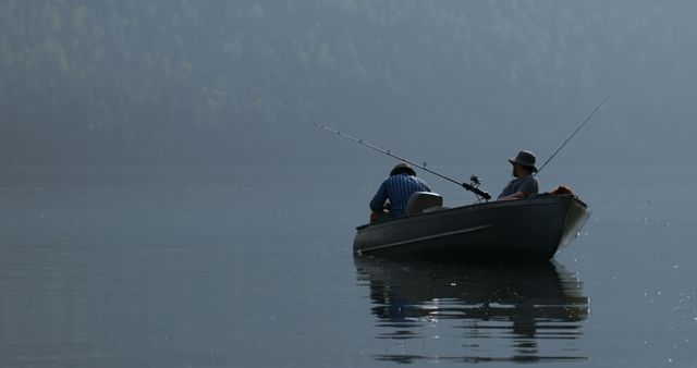 Two Fishermen in Rowboat on Calm Misty Lake Early Morning - Download Free Stock Images Pikwizard.com