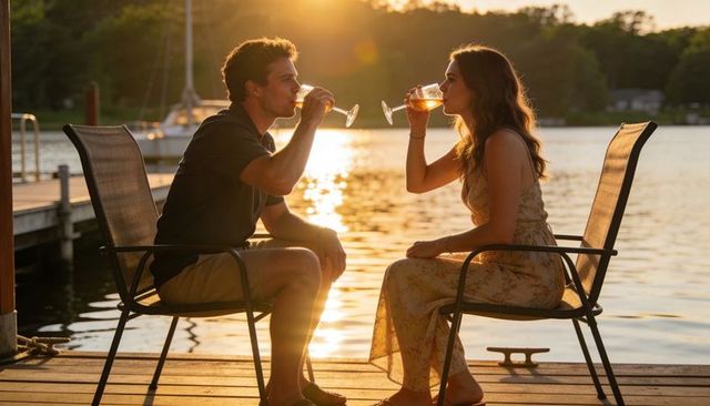 Couple sipping wine on lakeside dock at golden hour with sailboat in background