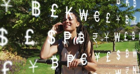Woman with Scooter Engaging in Phone Call with Floating Currency Symbols
