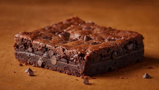 Fudgy Chocolate Brownie Square with Glossy Ganache Layer and Scattered Chocolate Chips