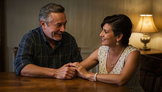 Mature couple holding hands and smiling at wooden dining table with warm lamp light