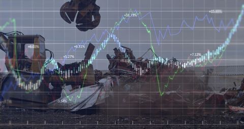 Industrial Scrap Yard with Digital Financial Graphs