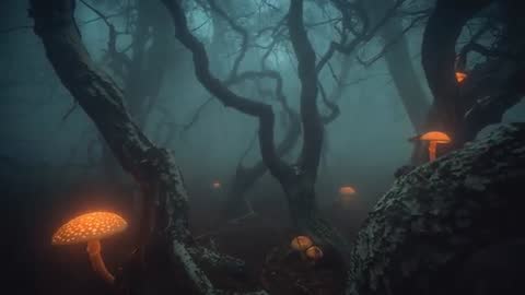 Bioluminescent Mushrooms Creating Mystical Atmosphere in Foggy Forest