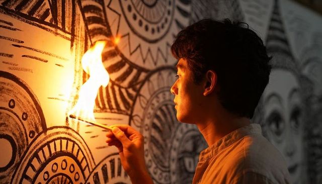 Artist igniting match to illuminate intricate mandala mural with warm chiaroscuro lighting
