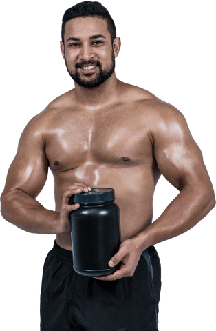 Muscular Man Holding Whey Protein Jar on Transparent Background