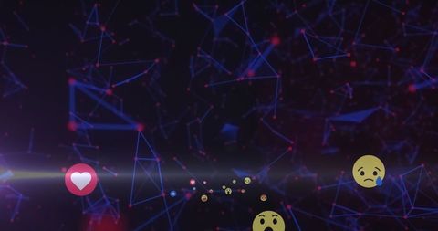 Emoticons floating in digital network with neon highlights
