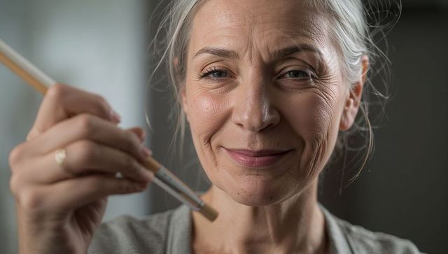 Mature woman applying makeup with brush, smiling closeup showing natural skin texture