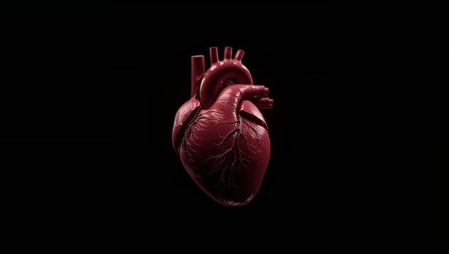Glossy anatomical heart 3d render floating on black showing aorta and coronary vessels